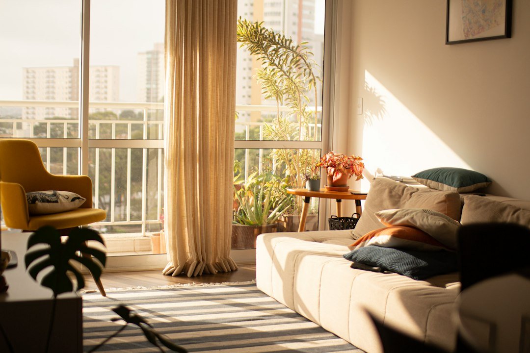 Luz de tarde entrando baja por la ventana de un salón con plantas en el balcón